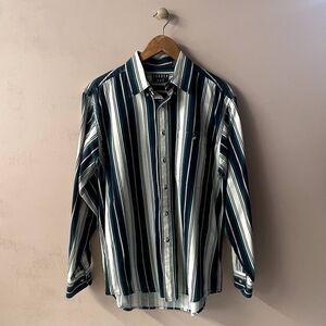 Vintage Men's Trader Bay Hunter Green|White|Navy Striped Buttoned Shirt Sz M EUC